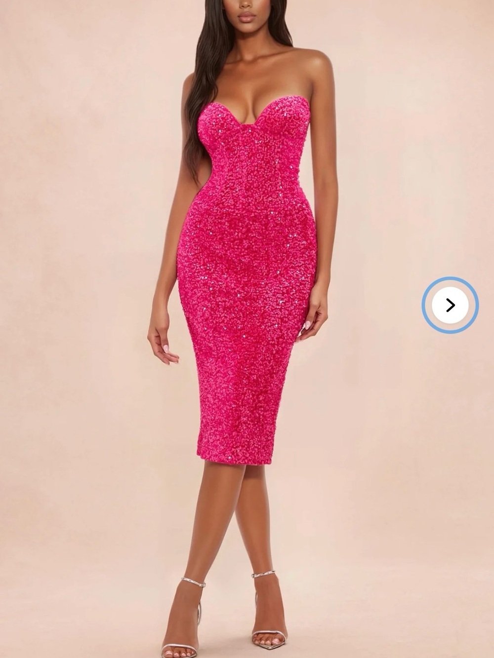Fashion Nova Strapless Sequin Bodycon Midi Dress in Hot Pink